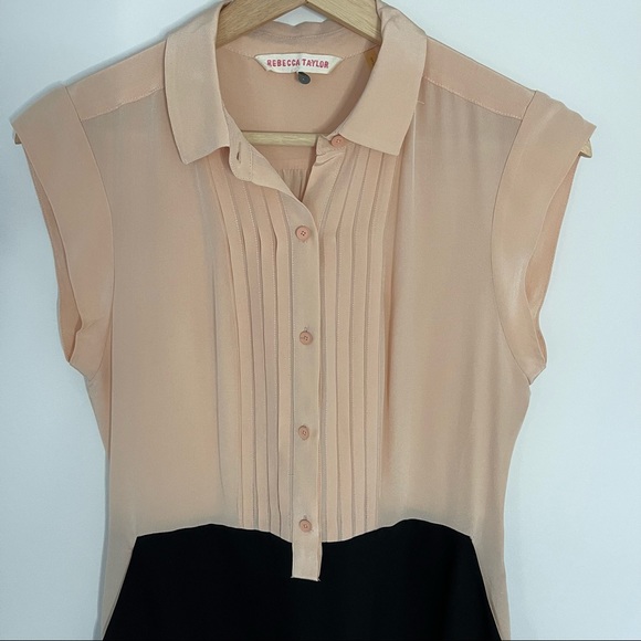 Rebecca Taylor 100% Silk Colorblock Shirtdress 4 Blush/Black - Picture 3 of 9
